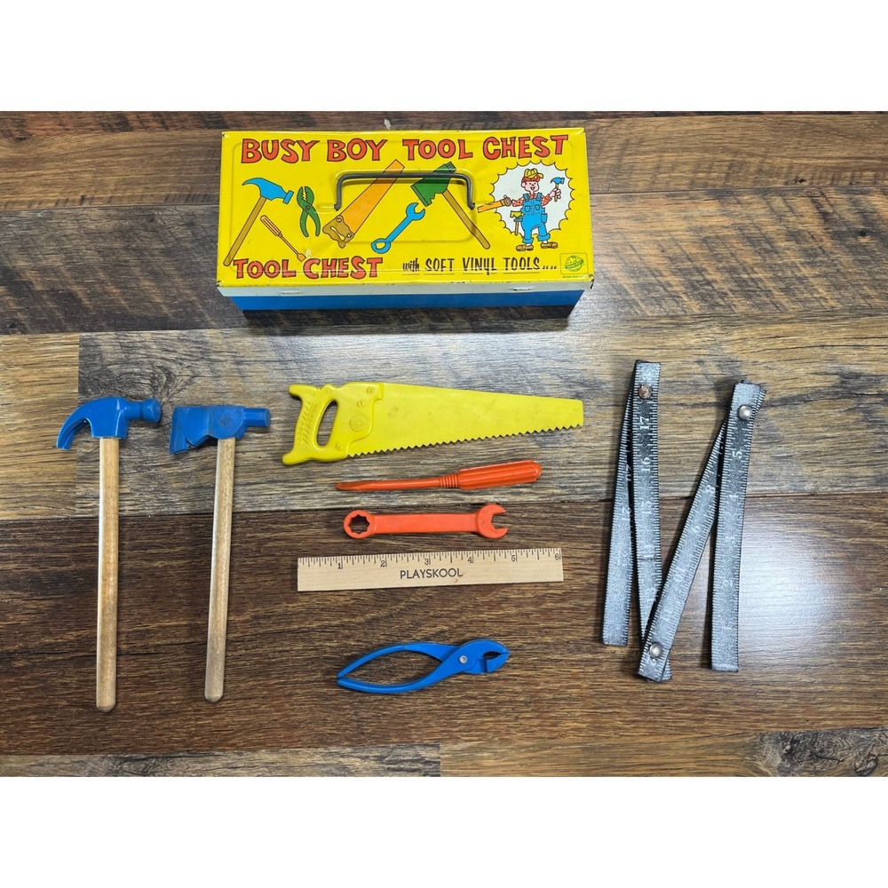 Vintage Busy Boy Tool Chest Metal Box Playskool Ruler Soft Vinyl Toy Tools Set